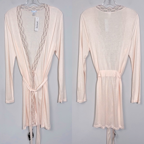 NWT EBERJEY Mabel Wrap Front Jersey Robe with Wide Lace Trim Pink Peach L Large - Picture 6 of 15